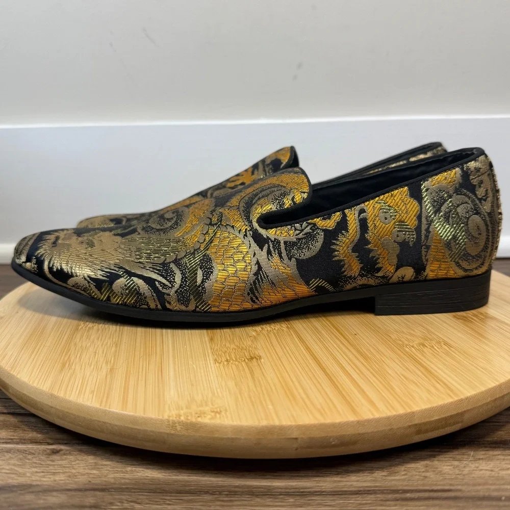 Steve Madden P-MINDZ Loafer Men 9 Gold Black Dragon Brocade Slip On Prom Festive